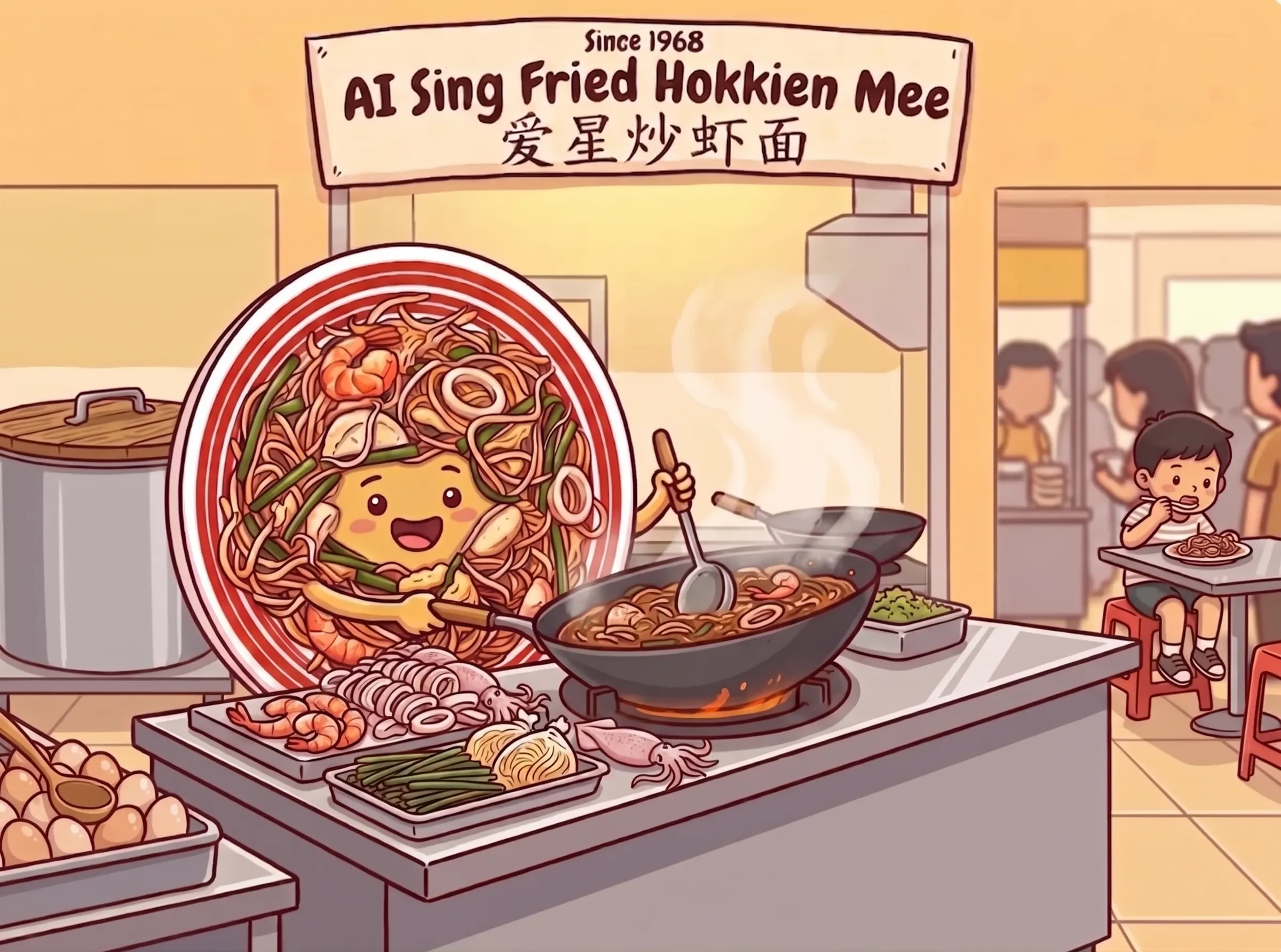 AI Sing: a cheerful plate of Hokkien Mee who fries noodles at his own hawker stall, under a sign that reads AI Sing Fried Hokkien Mee