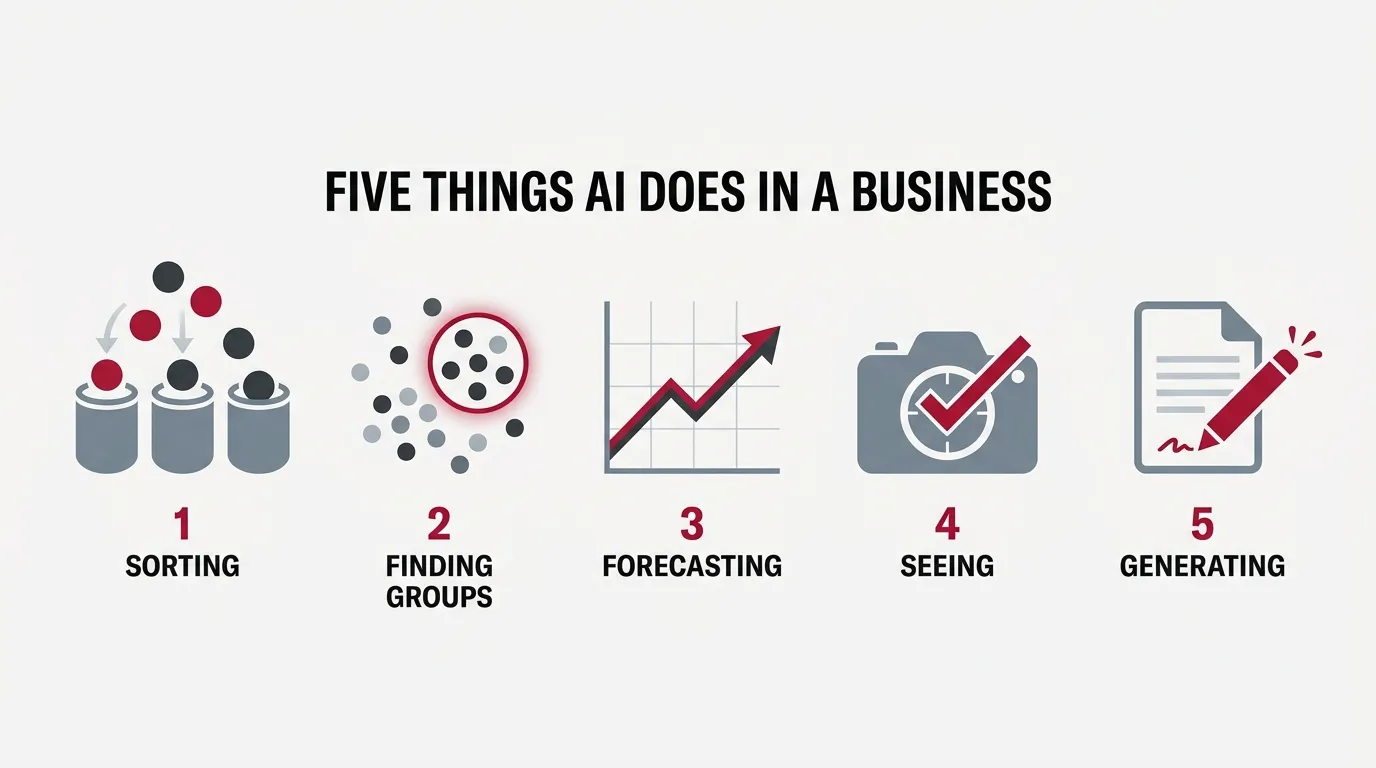 Five numbered moves in a row: sorting into buckets, finding groups, forecasting, seeing, and generating